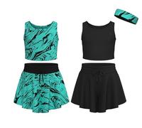 Essenclo Flowy Girls Butterfly Shorts Skirts w/Pockets & Athletic Sleeveless Tank Tops, Dance Tennis Cheer Running (5pc Set) - E2106 - Set-12-3-4
