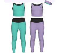 Essenclo Girls Athletic Leggings Yoga Pants w/Sleeveless Crop Tank Tops for Kids Workout Cheer Dance Run Sizes 3-16, 5pc Set - E2110 - Set-15-11-12