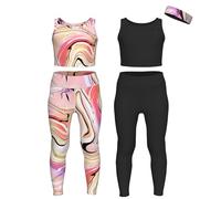 Essenclo Girls Athletic Leggings Yoga Pants w/Sleeveless Crop Tank Tops for Kids Workout Cheer Dance Run Sizes 3-16, 5pc Set - E2110 - Set-11-7-8
