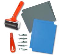 Essential Arts Polymer Block Lino Relief Printing Starter Kit - 4 fogli di blocchi polimerici morbidi, rullo Brayer, manico e 5 taglierine