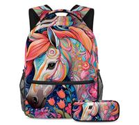 Essential School Companion, set di 2 zaini per bambini con borsa per libri da viaggio e astuccio, leone disegno a colori, Multicolore#07, B：29.4x20x40cm P：19x7.5x3.8cm, Zaini Daypack