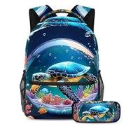 Essential School Companion, set di 2 zaini per bambini con borsa per libri da viaggio e astuccio, sfera di cristallo tartaruga, Multicolore#04, B：29.4x20x40cm P：19x7.5x3.8cm, Zaini Daypack
