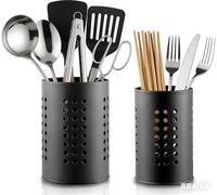 Esshogo 2 pezzi porta utensili da cucina, colore nero, cestino rotondo per posate da cucina, organizer in acciaio inox, contenitore per utensili da cucina, scolapiatti