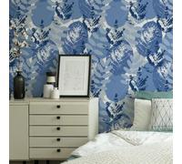 ESSMOKO Carta da Parati idrosol con fiori e piante colorate per soggiorno camera da letto ufficio sfondo adesivo decorativo da parete foglie blu e bianche 45 * 600cm