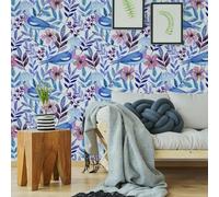 ESSMOKO Carta da Parati idrosol con piante e fiori colorati soggiorno camera da letto ufficio sfondo decorazione adesivo da parete fiore di pesco blu colomba 45 * 600cm
