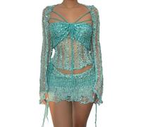 Estate Bella Donna Perline Maglia Top Gonna Tre Pezzi Set A Maglia Delle Donne Vestito Set Nudo e Sottile Abbigliamento Aderente, Azzurro chiaro, M