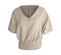 Estate, casual, da donna, tinta unita, con scollo a V, in cotone e lino, top da donna, beige., XL