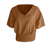 Estate, casual, da donna, tinta unita, con scollo a V, in cotone e lino, top da donna, marrone, M