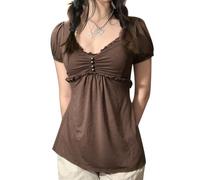 Estate delle donne elegante t-shirt maniche corte scollo a V increspato tallone A-Line top 90s E ragazze Slim Fit estate Tees, A-marrone, L