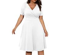 Estate donne scollo a V manica corta tinta unita swing abito da cocktail casual abiti da spiaggia glitter, bianco, 5XL