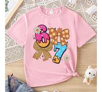 Estate e autunno, maglietta corta basic comoda e fresca con stampe creative e alla moda per ragazze, stile minimalista e alla moda, con numeri, coriandoli colorati, stampa leopardata, fiocchi, motivi 