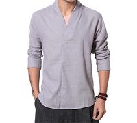 Estate Streetwear Giapponese Kimono Cotone Camicia di Lino Degli Uomini Retro V-Collo Camicetta di Lino Leggero Vintage Tee Shirt, grigio, L