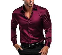 Estate T Shirt Top per gli Uomini Pantaloni di Modo Nuovo Solido Simulazione di Seta Raso Lucido Camicia da Uomo con Elastico Maniche Lunghe Camicia di Capodanno Uomo, Rosso, S