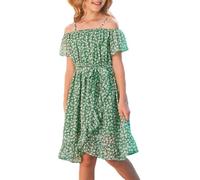 Estate Vestito Bambina,Vestito di Chiffon con Fiori Senza Spalline con Cintura Regolabile,Casual Manica con Volant Corte per Vestito Bambine 6 ai 14 Anni