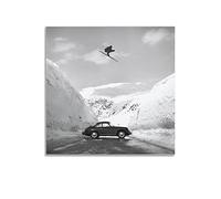 ESTE Poster vintage per auto con sci e salta sopra l'auto, poster decorativo su tela, poster da parete e stampa artistica moderna per camera da letto, 50 x 50 cm