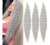 Estensione per capelli con onde oceaniche, 76,2 cm, onde profonde, 3 fasci, trecce lunghe all'uncinetto, grigio chiaro