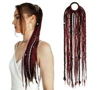 Estensioni dei capelli con dreadlock con clip, coda di cavallo del terrore preintrecciata a mano con perline di bloccaggio, fascia elastica per uno styling rapido, bordeaux sfumato, decorazione estiv