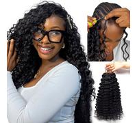 Estensioni per capelli umani a treccia crochet a onde profonde, leggere, senza nodi, boho, con piume, in 100% capelli umani Remy, pre-separati, con nodi invisibili e filo, micro pre-looped, estensioni