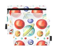 Estetico raccoglitore a 3 anelli astuccio per matite acquerello pianeti spazio bianco penna astuccio con cerniera raccoglitore scolastico trasparente tasche personalizzate 24,9 x 18 cm, 2 confezioni