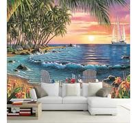 Estetico Tramonto Mare Albero Di Cocco Fiore Moderna Carta Da Parati 3d Seta Pregiata Testurizzata Ideale Per La Camera Letto Del Soggiorno-350cm×256cm