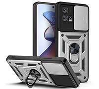 ESTH® Custodia per Motorola Moto G72 4G con Custodia per Fotocamera Scorrevole e Supporto ad Anello [Cover Paraurti Compatibile con Supporto Magnetico per Auto], Argento