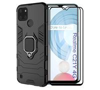 ESTH® Custodia per Realme C21Y/C25Y con 2 Pezzi Pellicola Protettiva, 360° Rotante Staffa [Compatibile con Supporto Magnetico per Auto], Cover Paraurti PC+TPU, Nero