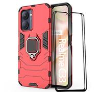 ESTH® Custodia per Realme C33 con 2 Pezzi Pellicola Protettiva, 360° Rotante Staffa [Compatibile con Supporto Magnetico per Auto], Cover Paraurti PC+TPU, Rosso