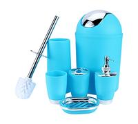 Estink Set Accessori da Bagno, 6 Pezzi Blu con Dispenser Sapone Portaspazzolino Bicchiere Portasapone Scopino WC Pattumiera Bagno Moderno