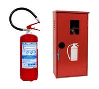 Estintore a polvere KG 6, anno 2025, fornito di staffa + cartello estintore + tagliando di controllo + cassetta in metallo per esterno.