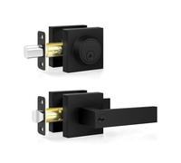 Estmoon Serrature per porta anteriore, maniglia esterna nera opaca e serratura a cilindro singolo, resistente, moderna, quadrata, maniglia e catenaccio per porta, set di serrature commerciali per