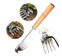 Estrattore per erbacce a 4 denti, 37,3 cm, multifunzionale, a mano, da giardino, doppio uso, strumento per sarchiatore da giardino, rastrello per casa e giardino (manico in legno)