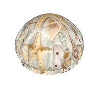 Estrella de mar Seashell Sandy Beach Gorro de ducha estampado Gorro de satén Gorro de pelo Gorros de baño impermeables Banda elástica Dobladillo elástico Gorro de ducha reutilizable