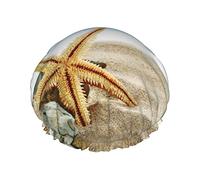 Estrellas de mar y conchas marinas en la playa Gorro de ducha estampado Gorro de satén Gorro de pelo Gorros de baño impermeables Banda elástica Dobladillo elástico Gorro de ducha reutilizable