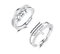 Estrellique Anelli ansia in argento Sterling 925, anelli antistress unisex aperti e regolabili, set di 2 anelli di decompressione, anelli rotanti ipoallergenici con perline, Zirconia cubica Argento