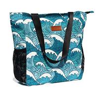 Borsa a tracolla grande, motivo floreale, impermeabile, per palestra, spiaggia, viaggi e uso quotidiano, blu ([X] Onda), Large