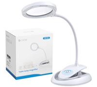 ESYNiC 2 in 1 Lente di Ingrandimento 5X 10X Lampada LED Ricaricabile con Morsetto da Tavolo Lente d'Ingrandimento Luce 15 LED 3 Luminosità Regolabile con Clip Collo Flessibile - Bianco