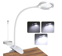 ESYNiC 5X 10X Lente di Ingrandimento a Morsetto da Tavolo, con Luce 15 LED Dimmerable e USB Cavo Integrato, Lente d'Ingrandimento a Clip Collo Flessibile, Interruttore Tattile, per Lettura Ricamo
