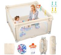 eSynic Box Bambini 120x120 cm con Materassino Lavabile, Recinto per Neonati Modulare Pieghevole con Cestino da Basket e Pallini, Playpen Giochi per Bimbo Portatile da Viaggio con Rete Visibile - Beige