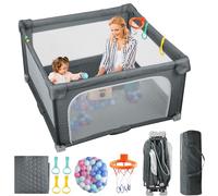 eSynic Box Bambini 150x150cm con Materassino Lavabile, Magniglie, Cestino da Basket e Pallini, Recinto per Neonati Modulare Pieghevole da Viaggio, Playpen Giochi per Bimbo a Rete Visibile Zip Esterno