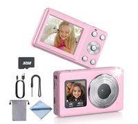 eSynic Fotocamera Digitale Compatta 4K 48MP, Doppio Schermo LCD 2.4''+1.3'' per Bambini, Zoom Digitale 18X, Luce Supplementare, Include SD 32GB, Macchina Fotografica Ricaricabile, Ideale Regalo - Rosa
