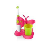ETA Spazzolino da denti per bambini, con etichette, testa rotante e pratico supporto con tazza e clessidra, colore: rosso