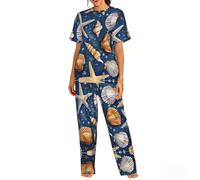 ETASUIOL Set pigiama da donna con stampa con stelle marine e conchiglie, set da 2 pezzi, perfetto da indossare tutti i giorni, per rilassarsi a casa, Nero , XL