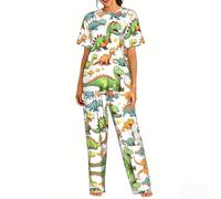 ETASUIOL Set pigiama da donna con stampa di immagini di dinosauri, set da 2 pezzi, perfetto da indossare tutti i giorni, per rilassarsi a casa, Nero , S