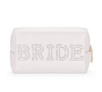 Etercycle Bride to Be - Borsa per trucchi da sposa, in poliuretano, da viaggio, impermeabile, con perle, con strass, per addio al celibato, matrimoni, feste di nozze, argento, Sposa