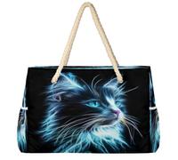Ethebre Borsa da spiaggia da donna con gatto al neon astratto, impermeabile, a prova di sabbia, con cerniera, tasche multiple, da viaggio, piscina, per vacanze, palestra, shopping, 52 x 18,5 x 38 cm