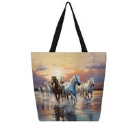 Ethebre Borsa tote da donna in tela con cavallo che corre al tramonto, borsa a tracolla riutilizzabile con tasca interna con cerniera carina stampata casual per lavoro quotidiano viaggi shopping