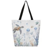 Ethebre Borsa tote da donna in tela con tartaruga marina acquerello medusa borsa a tracolla riutilizzabile con tasca interna con cerniera carina stampata casual quotidiano lavoro viaggi shopping