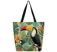 Ethebre Borsa tote in tela con foglie di palma tropicale tucano da donna borsa a tracolla riutilizzabile con tasca interna con cerniera carina stampata casual quotidiano lavoro viaggi shopping