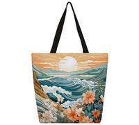 Ethebre Borsa tote in tela con onde giapponesi e fiore all'alba, borsa a tracolla riutilizzabile con tasca interna con cerniera carina stampata casual per lavoro quotidiano, viaggi, shopping, spesa