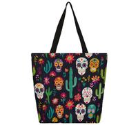 Ethebre Borsa tote in tela messicana con teschi di zucchero cactus per donne borsa a tracolla riutilizzabile con tasca interna con cerniera carina stampata casual quotidiano lavoro viaggi shopping
